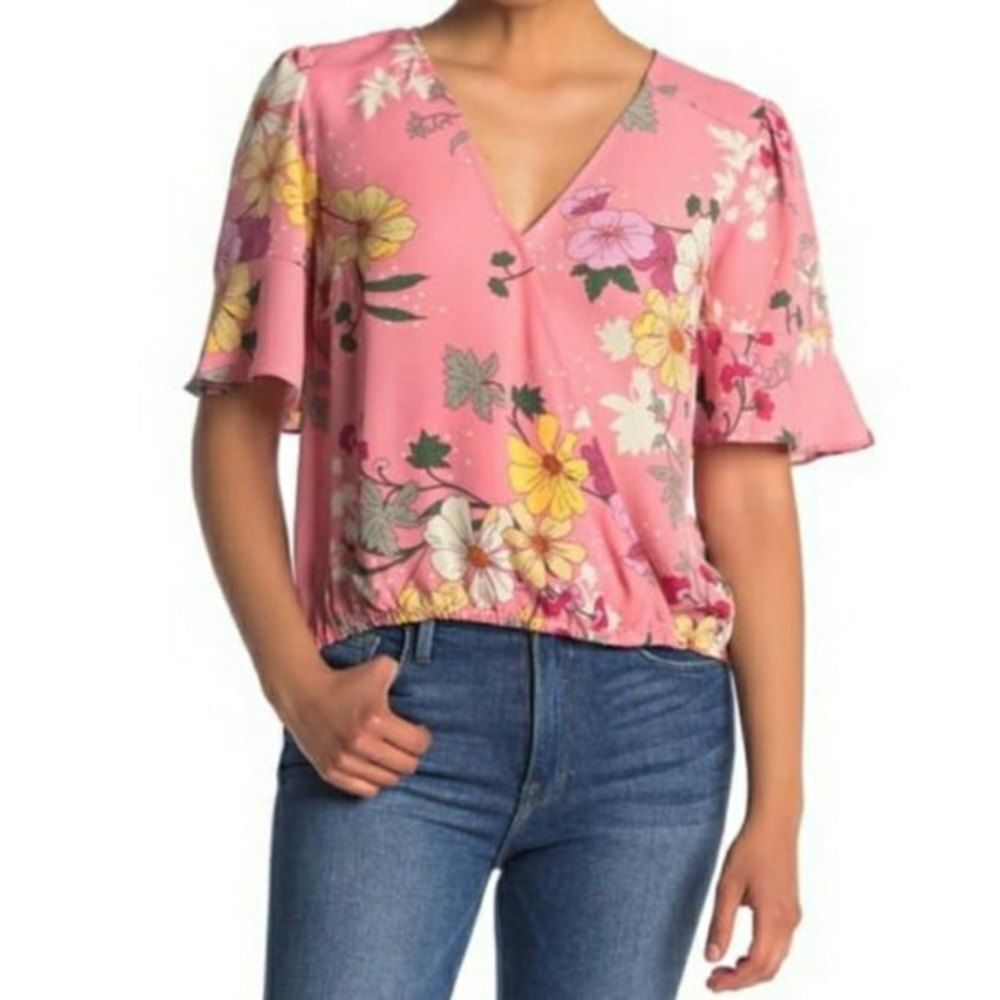 Sanctuary Curve Blush Pink Flutter Sleeve Blouse Vneck Pink Floral 3X